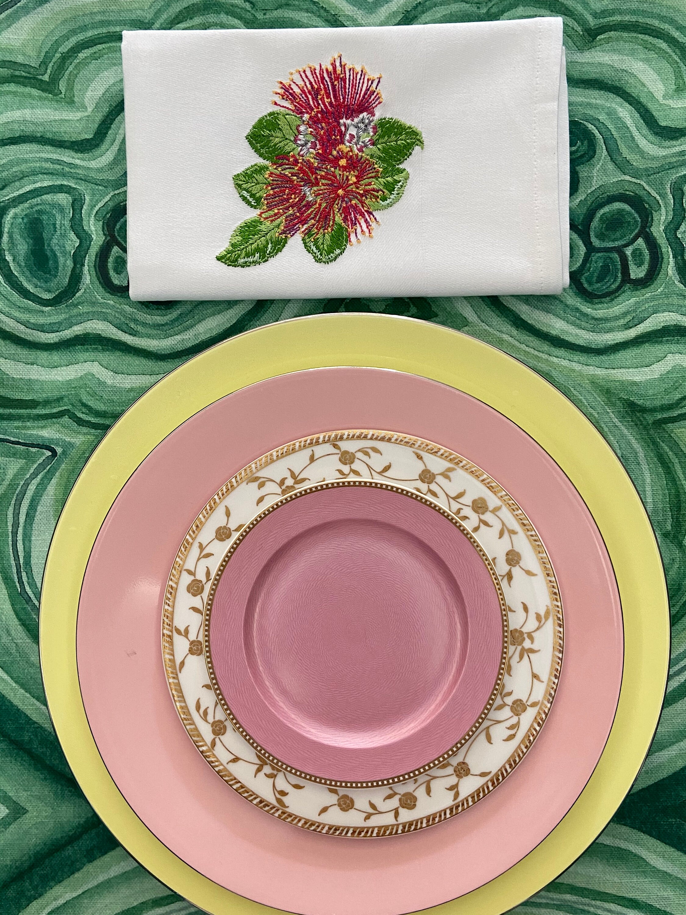 Embroidered Flower Napkins, Australian Floral Set of 6 , White Red Yellow Exotic Amazonia