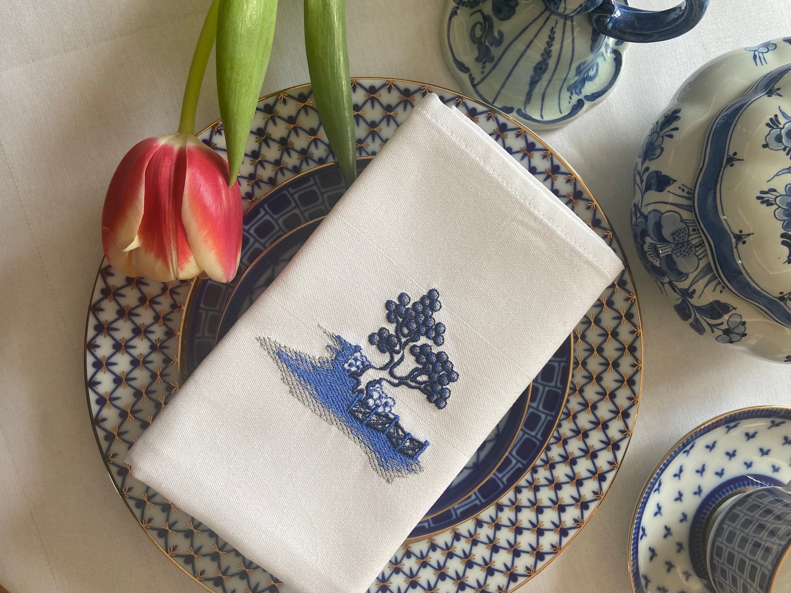 Blue Willow Napkin Embroidered Cotton Blue and White to Match Etsy