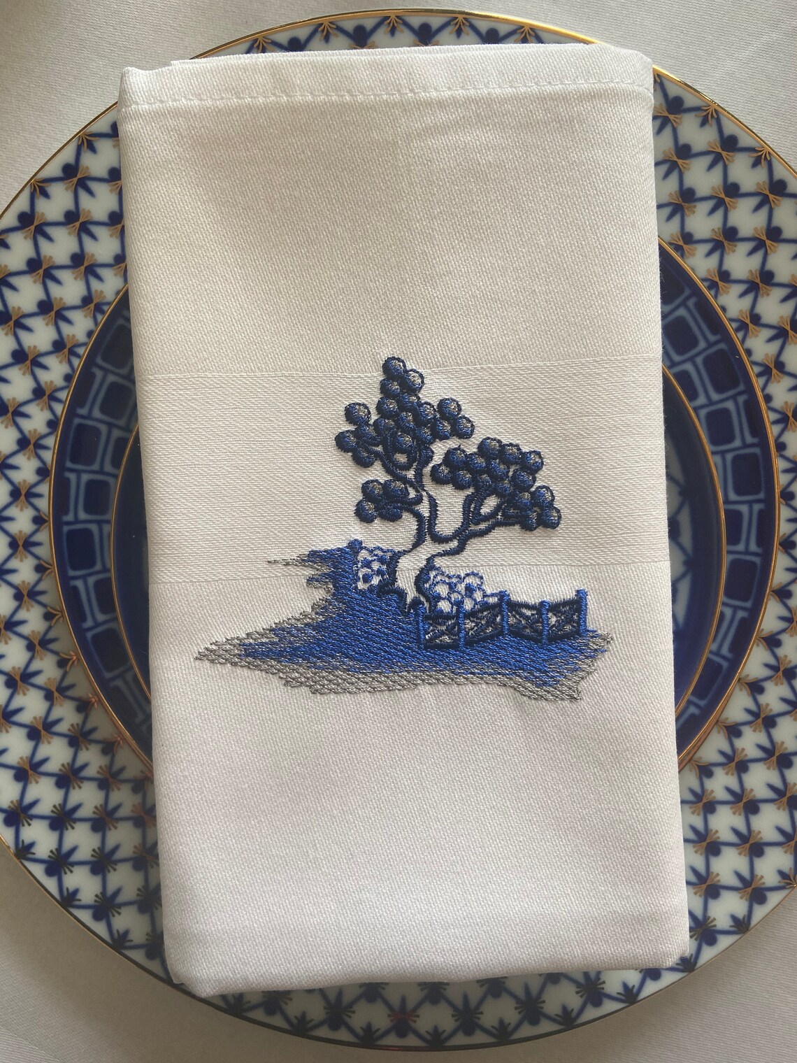 Blue Willow Napkin Embroidered Cotton Blue and White to Match Etsy