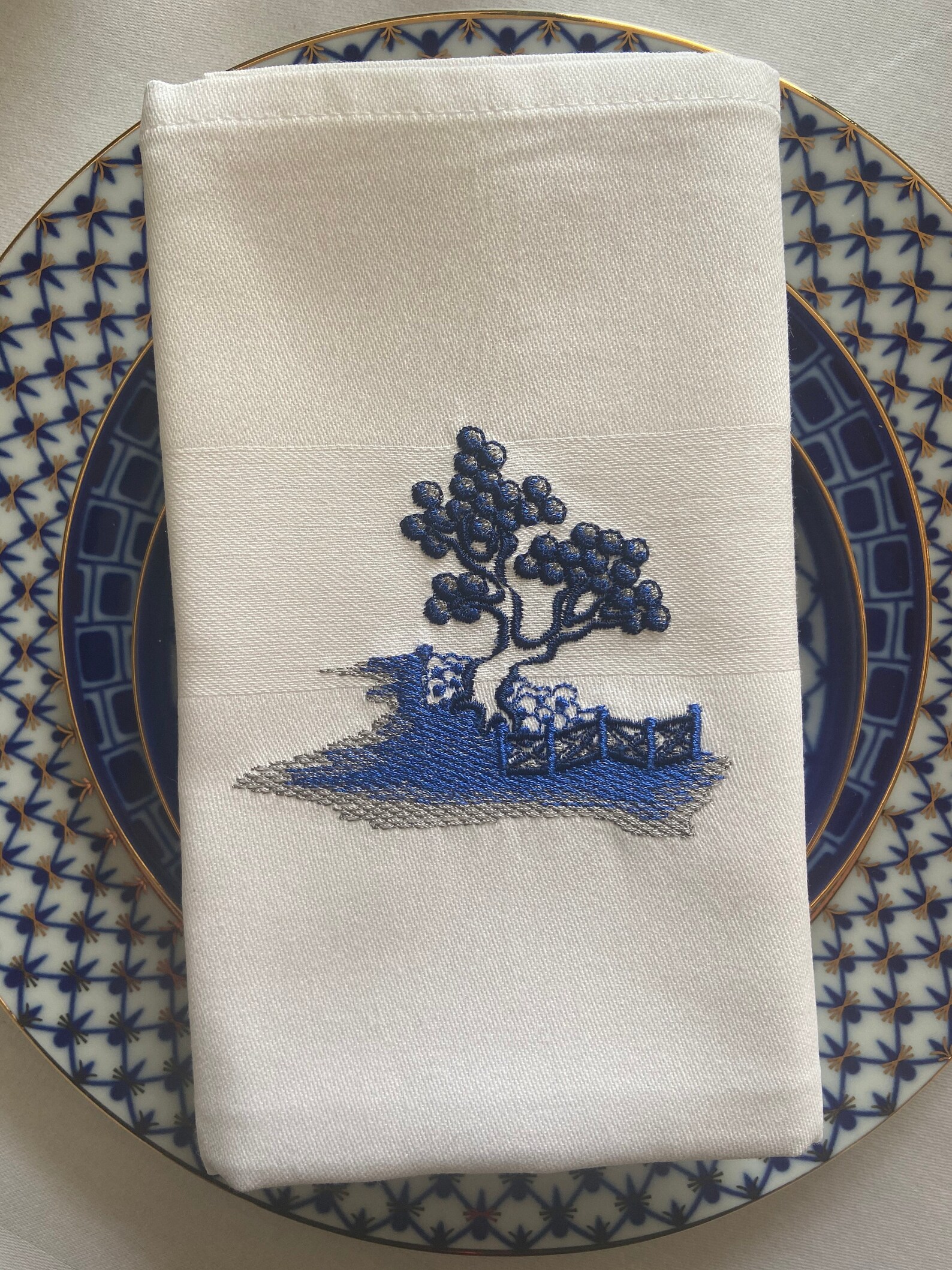 Blue Willow Napkin Embroidered Cotton Blue and White to Match Etsy