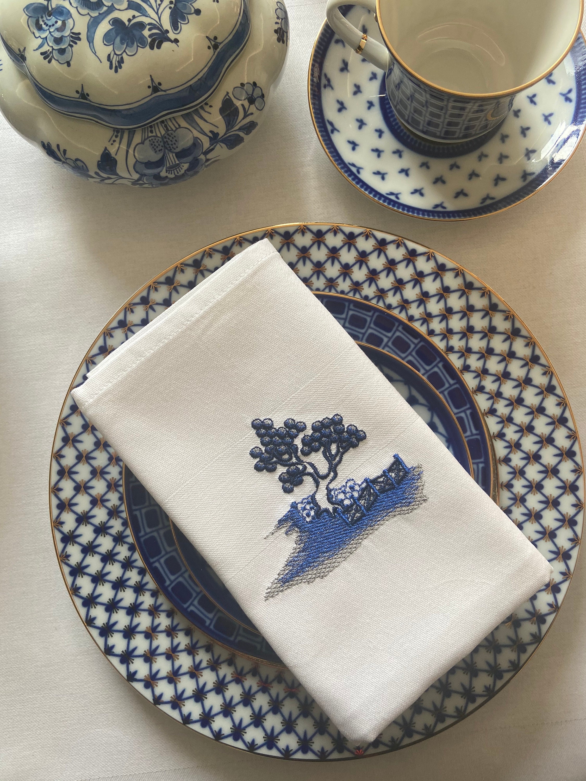 Blue Willow Napkin Embroidered Cotton Blue and White to Match Etsy