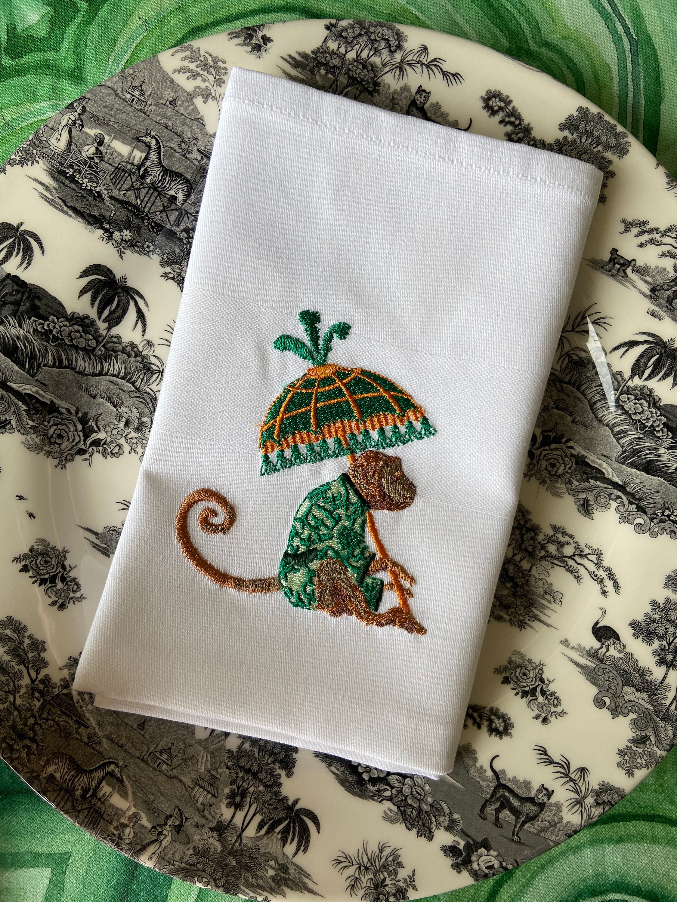 Embroidered monkey napkins set of 4 chinoiserie style green Etsy.de