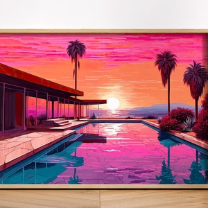 Mid Century Modern Architecture Swimming Pool Print Wall Art Painting Mid Century House Decor Eames Era Retro Beach Sunset