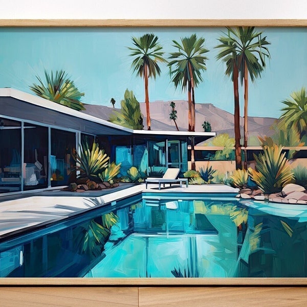 Mid Century Modern Architecture Swimming Pool Print Wall Art Painting Mid Century House Decor Eames Era Retro Wall Art