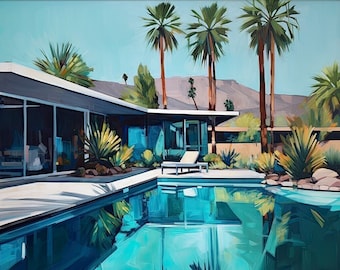 Palm Springs Pool Wall Art | Mid Century Modern House Print | Retro California Poolside Decor | Desert Modern Poster | Blue Swimming Pool
