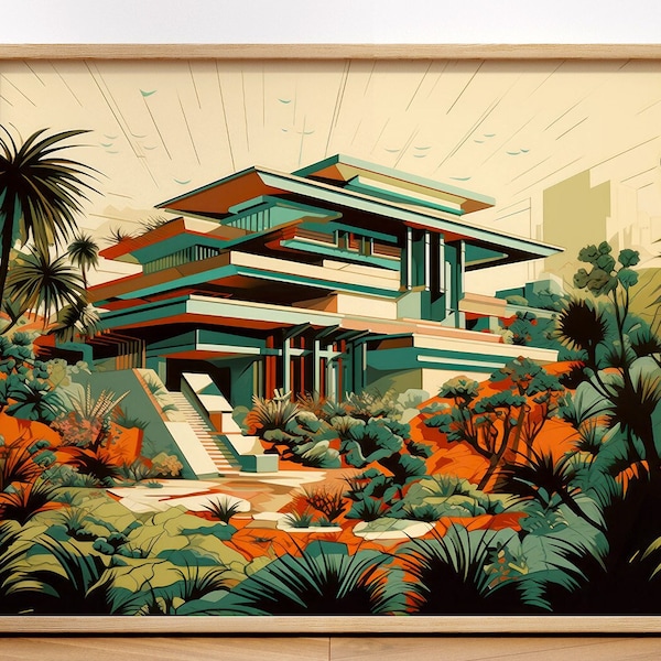 Frank Lloyd Wright Inspired House Architecture Art Print Illustration Los Angeles Decor Architect Gift Mid Century Modern Design