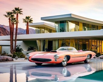 Pink Retro Futuristic Mid Century Modern Home Sci-fi Fifties Car Palm Springs Photo-Realistic Space Atomic Age Wall Art Decor Print Poster