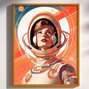 Retro Futuristic Sci-Fi Space Woman Astronaut Retro Art Poster Print Wall Decor Vintage Scifi Mid-Century Modern Science Fiction