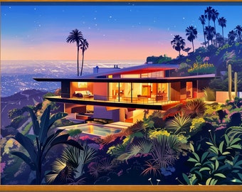 Los Angeles Mid Century Modern Wall Art | Hillside House Print | California Architecture Poster | Retro Modern Home Decor