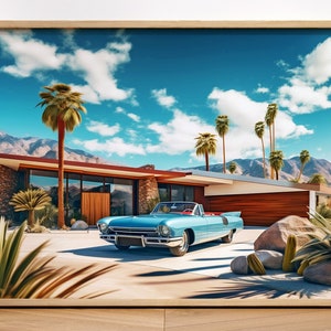 May include: A vintage blue convertible car parked in front of a mid-century modern house with a palm tree and mountain backdrop. The house has a wooden door and large windows.