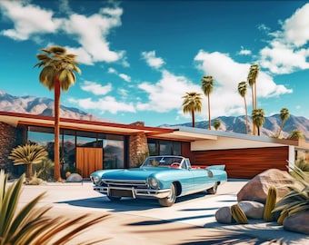 Retro Futuristic Mid Century Modern Home Sci-fi Fifties Car Palm Springs Photo-Realistic Space Atomic Age Wall Art Decor Print Poster