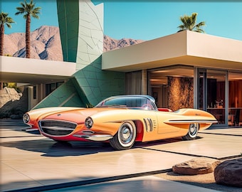 Retro Futuristic Mid Century Modern Home Sci-fi Fifties Car Palm Springs Photo-Realistic Space Atomic Age Wall Art Decor Print Poster