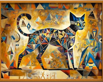 Colorful Abstract geometrical Cat Wall Art decor Mid Century Modern Print Wall Art Decor Whimsical Feline Modern Boho Decor
