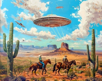 Aliens and Cowboys Retro Western Sci-Fi UFO Wall Art Decor Print Poster Alien Art Roswell Cosmic 50s 60s Mid Century Modern Pulp Art