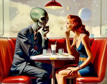 Sztuka inspirowana obcymi w stylu vintage z lat 50. XX wieku, retro futurystyczny plakat ścienny z motywem UFO z ery atomowej, wystrój UFO, dziwny, zabawny, obcy, miłość, styl mid-century modern