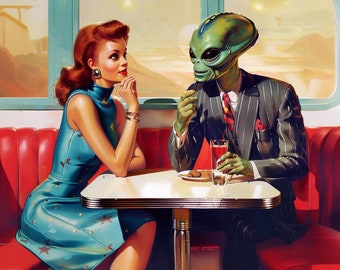 Alien Art Retro Sci-Fi Space Diner Scifi UFO Art Print Poster Weird Funny Vintage Style 1950s Mid Century Modern Pulp Art