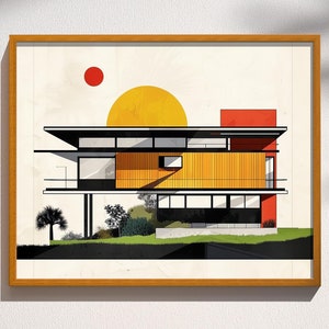 Mid Century Modern Home Minimalist Bauhaus Architectural Drawing Modern Abstract Architecture Art Print Poster Retro Wall Art Architect Gift