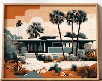 May include: A framed art print featuring a mid-century modern house with palm trees. The artwork has a warm color palette of orange, beige, and teal. The house has a flat roof and large windows, surrounded by desert landscaping.
