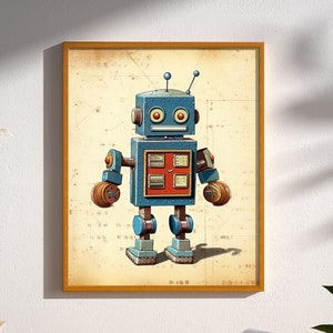 Vintage Sci-fi Retro Toy Robot Art Print Poster Wall Decor 1950’s Mid Century Modern Tin Toy Robot