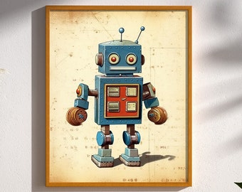 May include: A vintage-style robot illustration with blue, red, and silver accents. The robot has a round head with two large eyes and a small antenna. The robot is standing on a blueprint background.