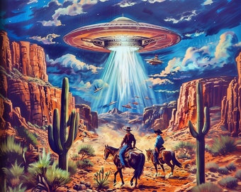 Aliens and Cowboys Retro Western Sci-fi UFO Wall Art Decor Print
