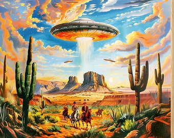 Aliens and Cowboys Retro Western Sci-fi UFO Wall Art Decor Print