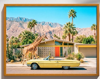 Palm Springs Mid Century Modern Giraffe Retro Wall Art Surreal Desert Animal Safari Print Poster