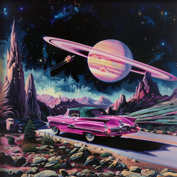 Pink Cadillac on an Alien Planet UFO Vintage SciFi Surreal Funny Retro Print Poster Wall Art UFO Extraterrestrial Sci-Fi Roswell Mid Century
