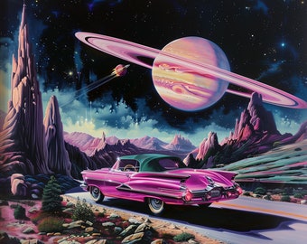 Pink classic car on an Alien Planet UFO Vintage Surreal Funny Retro Print Poster Wall Art UFO Extraterrestrial Sci-Fi Roswell Mid Century