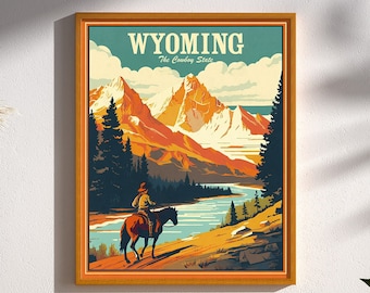 Wyoming Cowboy Mountains Vintage Retro Travel Poster Wyoming Grand Tetons Print National Park Western Travel Decor