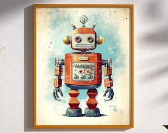 May include: A vintage-style robot illustration with a red body, silver accents, and a blue and white watercolor background.