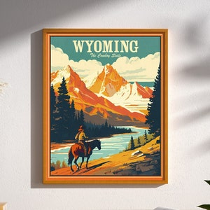 Póster de viaje retro vintage de las montañas vaqueras de Wyoming, impresión de Grand Tetons, parque nacional, decoración de viaje occidental