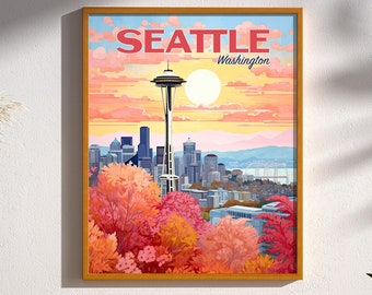 Seattle Space Needle Skyline Retro Travel Poster Washington Wall Art Seattle Vintage Wall Decor Pastel