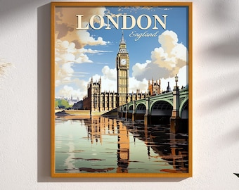 Póster de viaje vintage retro con el Big Ben de Londres, Inglaterra, Reino Unido, Europa, ilustración, decoración de pared, descarga digital, imprimible