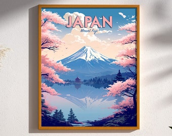 Japan Mount Fuji Cherry Blossoms Vintage 1940’s Style Travel Poster Print Wall Art Decor