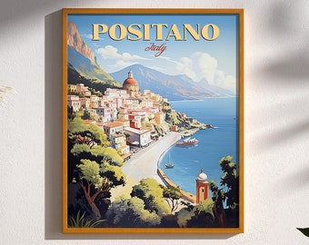 Positano Italia Costiera Amalfitana Vintage Stile Retrò Poster da Viaggio Stampa Europa Positano Decorazione Murale Pittura Illustrazione