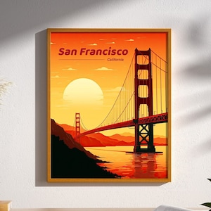 San Francisco Golden Gate Bridge Sunset California Vintage Retro Travel Poster Print Wall Art Decor San Francisco Illustration