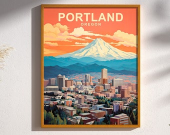 May include: A vintage-style travel poster featuring a colorful illustration of the Portland skyline with Mount Hood in the background. The text "PORTLAND OREGON" is displayed at the top of the poster.