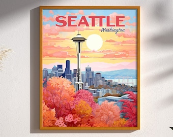 Seattle Space Needle Skyline Retro Travel Poster Washington Wall Art Seattle Vintage Wall Decor Pastel  Digital Download Printable