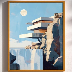 Frank Lloyd Wright Inspired Architecture Fallingwater Art Poster Prairie School Style Wall Decor Architect Gift Mid Century Modern Design