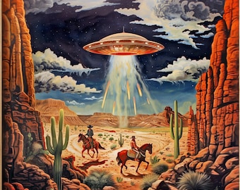 Aliens and Cowboys Retro Western Sci-fi UFO Wall Art Decor Print