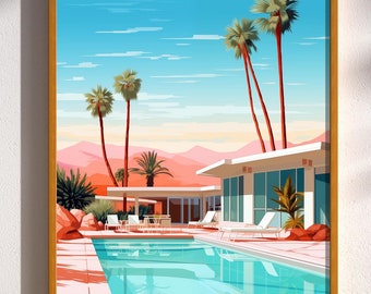 Väggkonst i Palm Springs med pool | Hustryck i mitten av århundradet modernt | Retro Kalifornien pooldekor | Ökenmodern poster | Rosa väggkonst