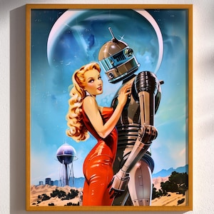 Robot Love Retro 1950s Sci-fi Vintage Space Woman Poster Art Print Retrofuturism Retro Futuristic Space Woman Robot Art Mid-Century Modern