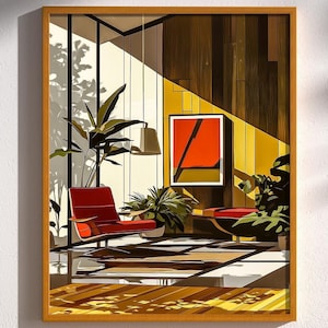 Mid Century Modern Interior Architecture Living Room Vintage Minimalist Architectural Wall Art Poster Print Classic Design Retro
