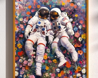 Astronauti sdraiati tra i fiori, poster da parete retrò, futuristico, spaziale, astronauta, decorazione, fantascienza vintage, anni '50, '60, astrologia, metà secolo