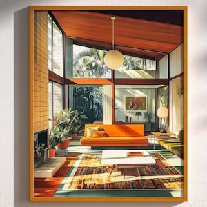 Mid Century Modern Interior Architecture Living Room Vintage Minimalist Architectural Wall Art Poster Print Classic Design Retro