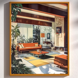 Mid Century Modern Interior Architecture Living Room Vintage Minimalist Architectural Wall Art Poster Print Classic Design Retro