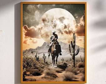 Cowboy Western Desert Moon Vintage Retro Western Cosmic Trails Retro-Future Retrofuturism Wall Art Print Poster Decor
