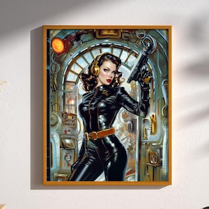 Retro Futuristic Sci-Fi Space Woman Warrior Astronaut Pulp Art Poster Print Wall Decor Vintage Scifi Mid-Century Modern Science Fiction