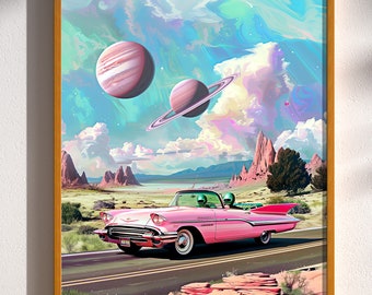 Obcy prowadzący różowy klasyczny samochód UFO vintage surrealistyczny zabawny plakat retro sztuka ścienna UFO pozaziemskie science fiction Roswell połowa wieku